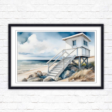 Lifeguard hut on the beach. Framed picture print. Watercolour wall art.