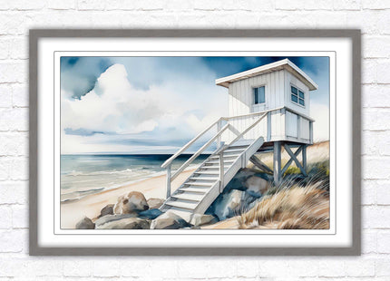 Lifeguard hut on the beach. Framed picture print. Watercolour wall art.
