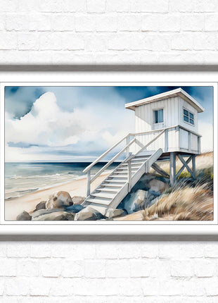 Lifeguard hut on the beach. Framed picture print. Watercolour wall art.