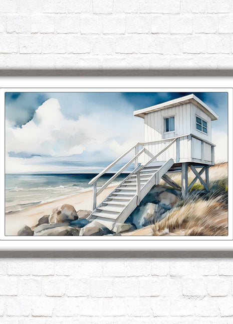 Lifeguard hut on the beach. Framed picture print. Watercolour wall art.