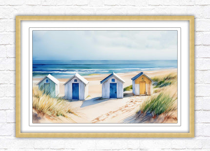Beach huts Framed picture print. Bright Watercolour wall art.