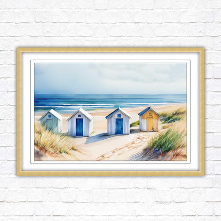 Beach huts Framed picture print. Bright Watercolour wall art.