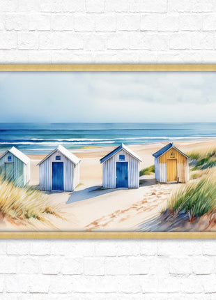 Beach huts Framed picture print. Bright Watercolour wall art.