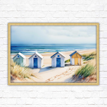 Beach huts Framed picture print. Bright Watercolour wall art.