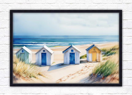 Beach huts Framed picture print. Bright Watercolour wall art.
