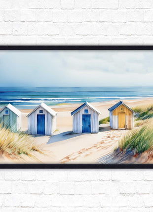 Beach huts Framed picture print. Bright Watercolour wall art.