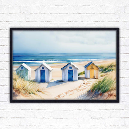 Beach huts Framed picture print. Bright Watercolour wall art.