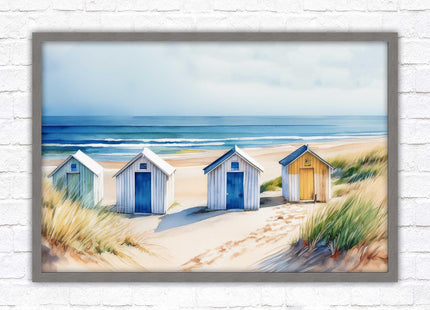 Beach huts Framed picture print. Bright Watercolour wall art.