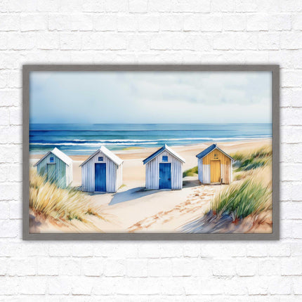 Beach huts Framed picture print. Bright Watercolour wall art.