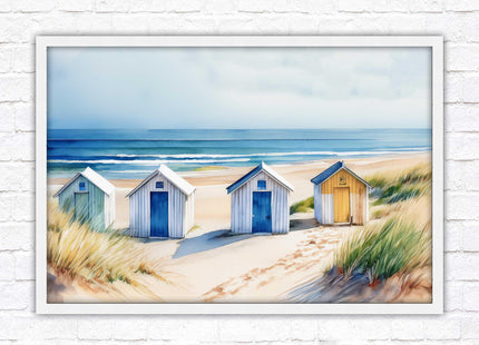Beach huts Framed picture print. Bright Watercolour wall art.