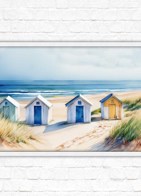 Beach huts Framed picture print. Bright Watercolour wall art.