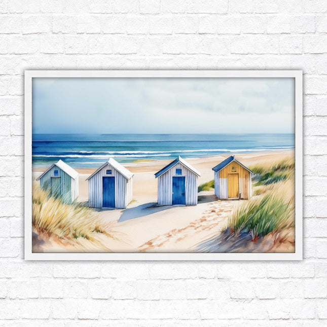 Beach huts Framed picture print. Bright Watercolour wall art.