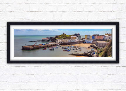 Tenby Harbour framed picture print. Panoramic framed picture print, Pembrokeshire, Wales. A choice of picture frames.