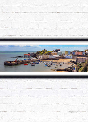 Tenby Harbour framed picture print. Panoramic framed picture print, Pembrokeshire, Wales. A choice of picture frames.