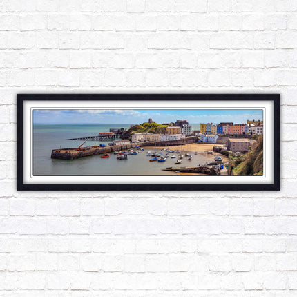 Tenby Harbour framed picture print. Panoramic framed picture print, Pembrokeshire, Wales. A choice of picture frames.