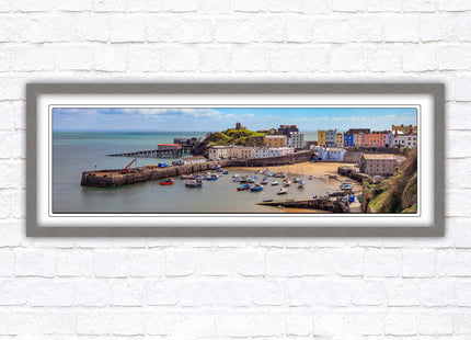 Tenby Harbour framed picture print. Panoramic framed picture print, Pembrokeshire, Wales. A choice of picture frames.
