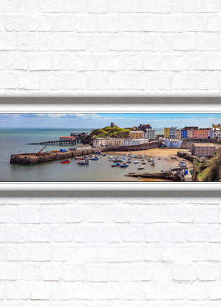 Tenby Harbour framed picture print. Panoramic framed picture print, Pembrokeshire, Wales. A choice of picture frames.