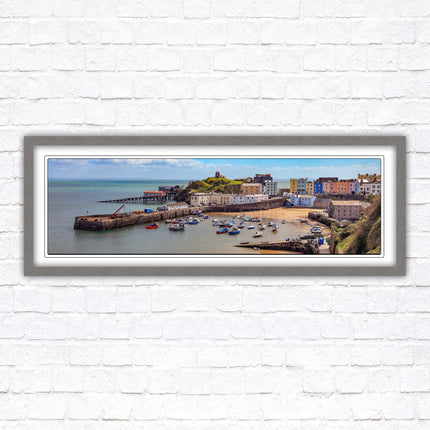 Tenby Harbour framed picture print. Panoramic framed picture print, Pembrokeshire, Wales. A choice of picture frames.