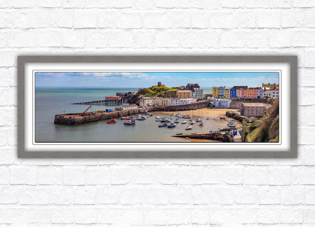 Tenby Harbour framed picture print. Panoramic framed picture print, Pembrokeshire, Wales. A choice of picture frames.