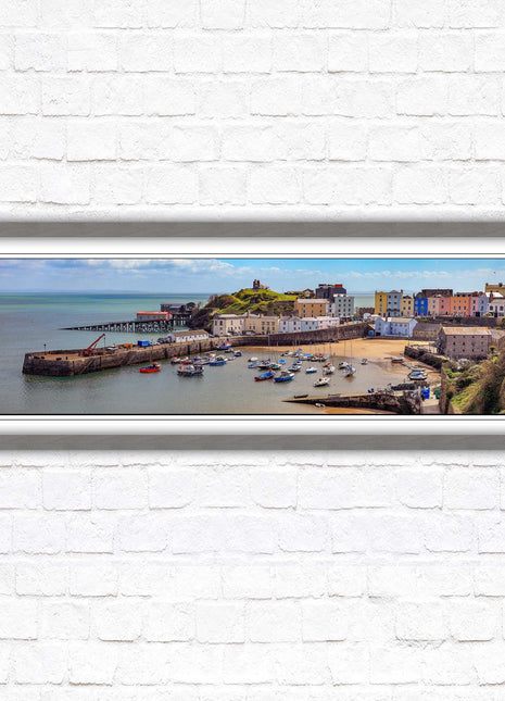 Tenby Harbour framed picture print. Panoramic framed picture print, Pembrokeshire, Wales. A choice of picture frames.