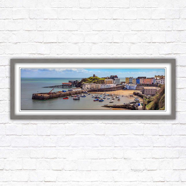Tenby Harbour framed picture print. Panoramic framed picture print, Pembrokeshire, Wales. A choice of picture frames.