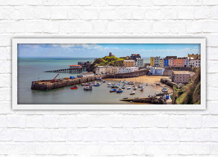 Tenby Harbour framed picture print. Panoramic framed picture print, Pembrokeshire, Wales. A choice of picture frames.