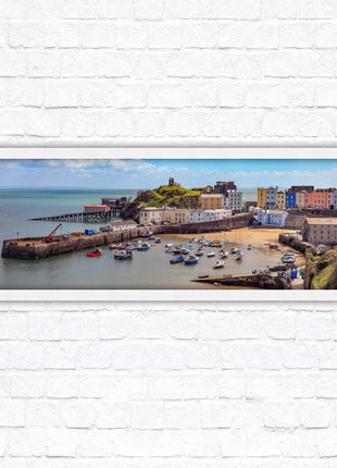 Tenby Harbour framed picture print. Panoramic framed picture print, Pembrokeshire, Wales. A choice of picture frames.