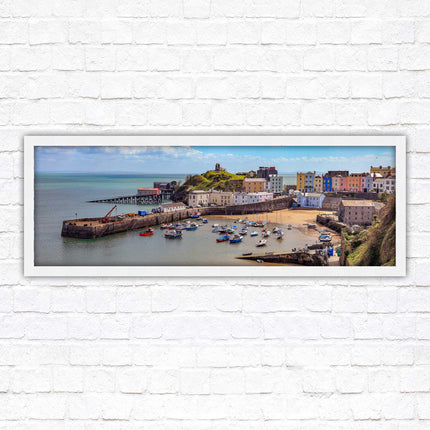 Tenby Harbour framed picture print. Panoramic framed picture print, Pembrokeshire, Wales. A choice of picture frames.