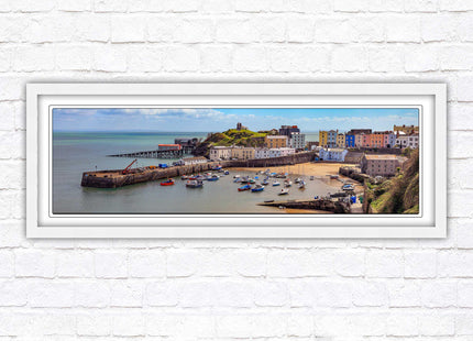 Tenby Harbour framed picture print. Panoramic framed picture print, Pembrokeshire, Wales. A choice of picture frames.