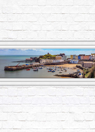 Tenby Harbour framed picture print. Panoramic framed picture print, Pembrokeshire, Wales. A choice of picture frames.