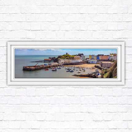 Tenby Harbour framed picture print. Panoramic framed picture print, Pembrokeshire, Wales. A choice of picture frames.