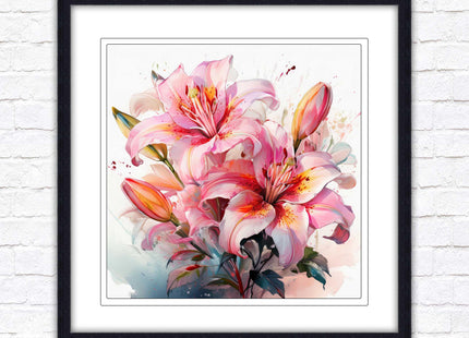 Pink lilies, Framed picture print. A choice of frames and sizes, Framed square wall art.
