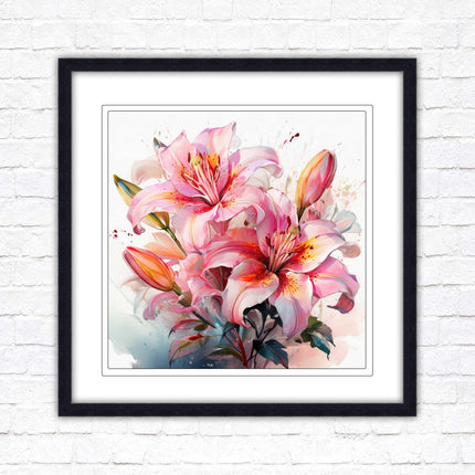 Pink lilies, Framed picture print. A choice of frames and sizes, Framed square wall art.