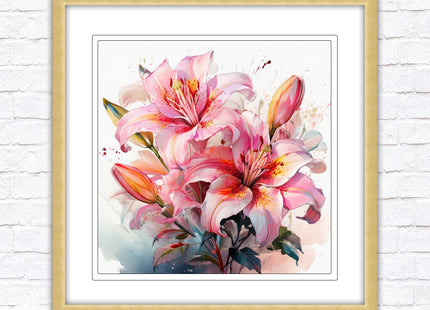 Pink lilies, Framed picture print. A choice of frames and sizes, Framed square wall art.