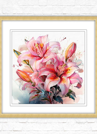 Pink lilies, Framed picture print. A choice of frames and sizes, Framed square wall art.