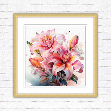 Pink lilies, Framed picture print. A choice of frames and sizes, Framed square wall art.