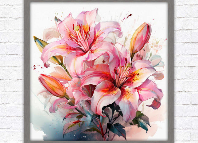 Pink lilies, Framed picture print. A choice of frames and sizes, Framed square wall art.