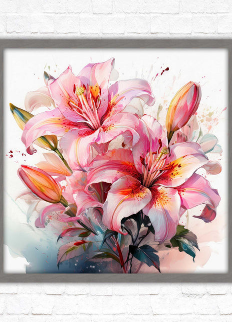 Pink lilies, Framed picture print. A choice of frames and sizes, Framed square wall art.
