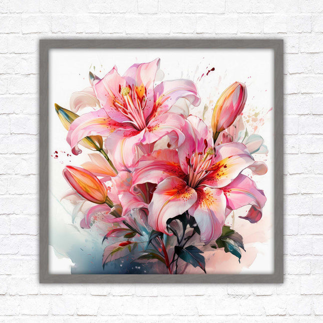 Pink lilies, Framed picture print. A choice of frames and sizes, Framed square wall art.