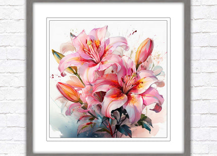 Pink lilies, Framed picture print. A choice of frames and sizes, Framed square wall art.