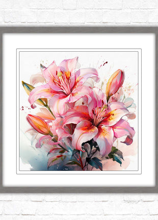 Pink lilies, Framed picture print. A choice of frames and sizes, Framed square wall art.