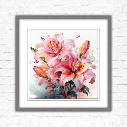 Pink lilies, Framed picture print. A choice of frames and sizes, Framed square wall art.