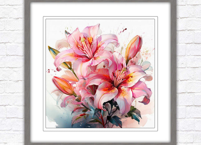 Pink lilies, Framed picture print. A choice of frames and sizes, Framed square wall art.