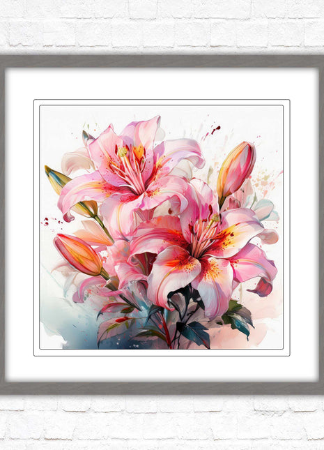 Pink lilies, Framed picture print. A choice of frames and sizes, Framed square wall art.