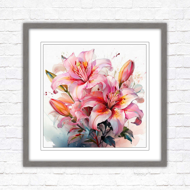 Pink lilies, Framed picture print. A choice of frames and sizes, Framed square wall art.