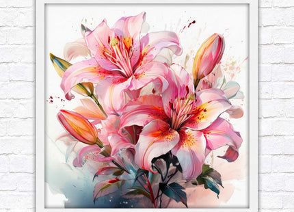 Pink lilies, Framed picture print. A choice of frames and sizes, Framed square wall art.