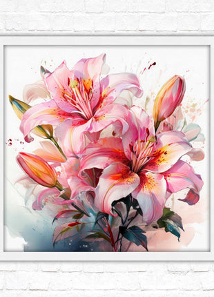 Pink lilies, Framed picture print. A choice of frames and sizes, Framed square wall art.