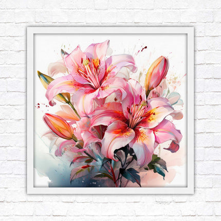 Pink lilies, Framed picture print. A choice of frames and sizes, Framed square wall art.