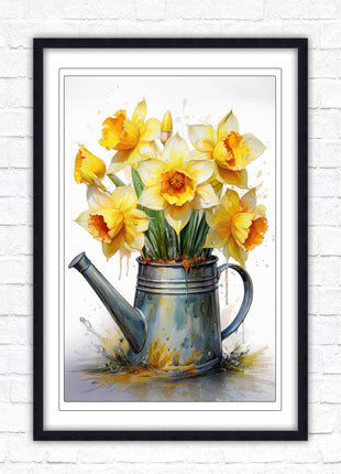 Daffodils. Printed, Framed picture with choice of frame colours and options. Spring Daffodils in vintage watering can.