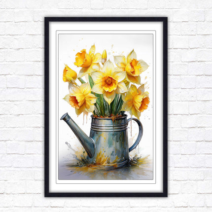 Daffodils. Printed, Framed picture with choice of frame colours and options. Spring Daffodils in vintage watering can.